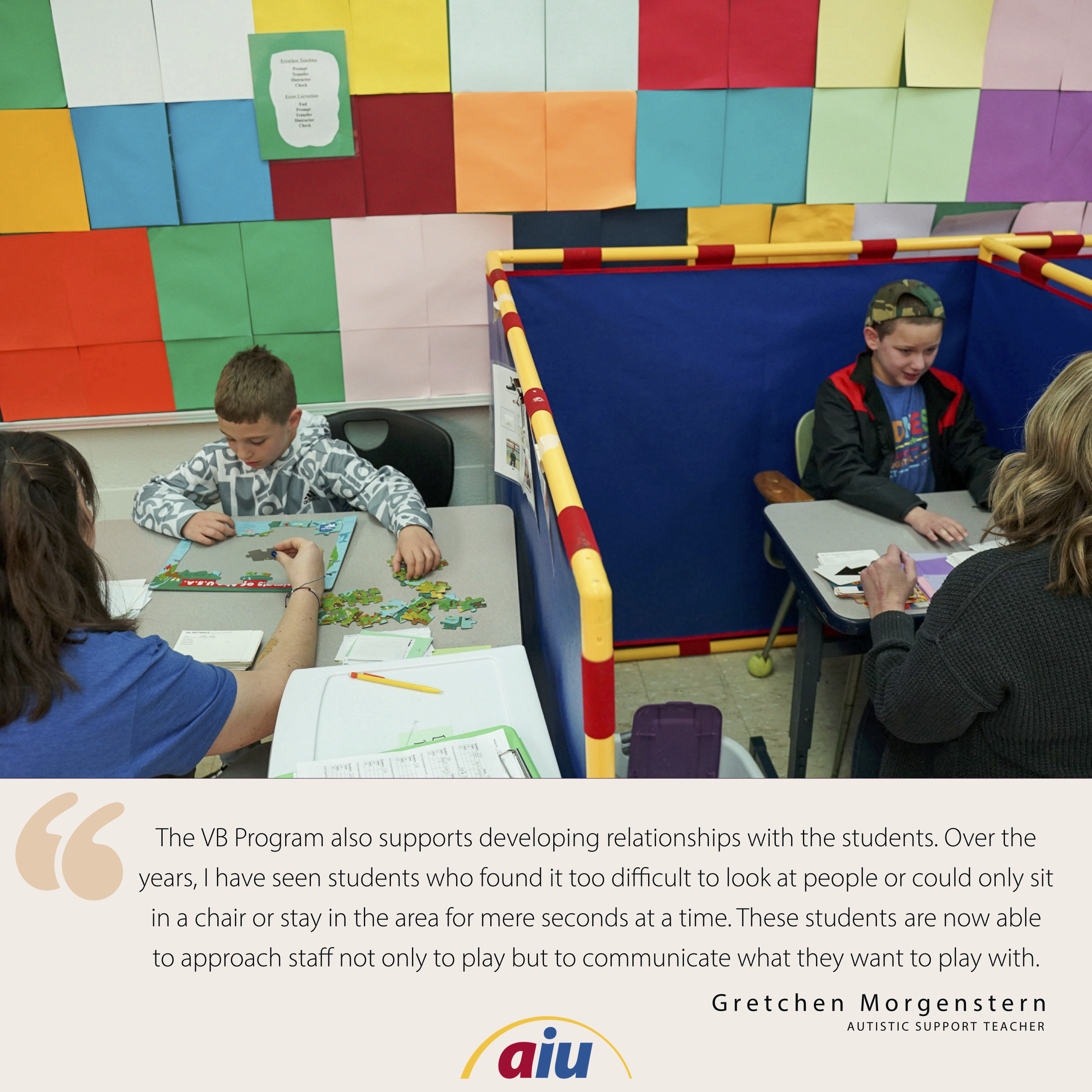 Quote by Gretchen Morgenstern with an image of students in the VB classroom at Pathfinder School.